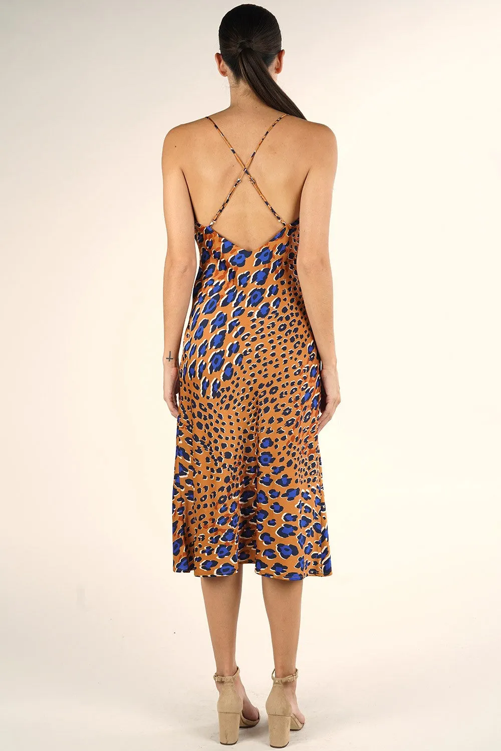 Animal Print Spaghetti Strap Cross Back Midi Dress