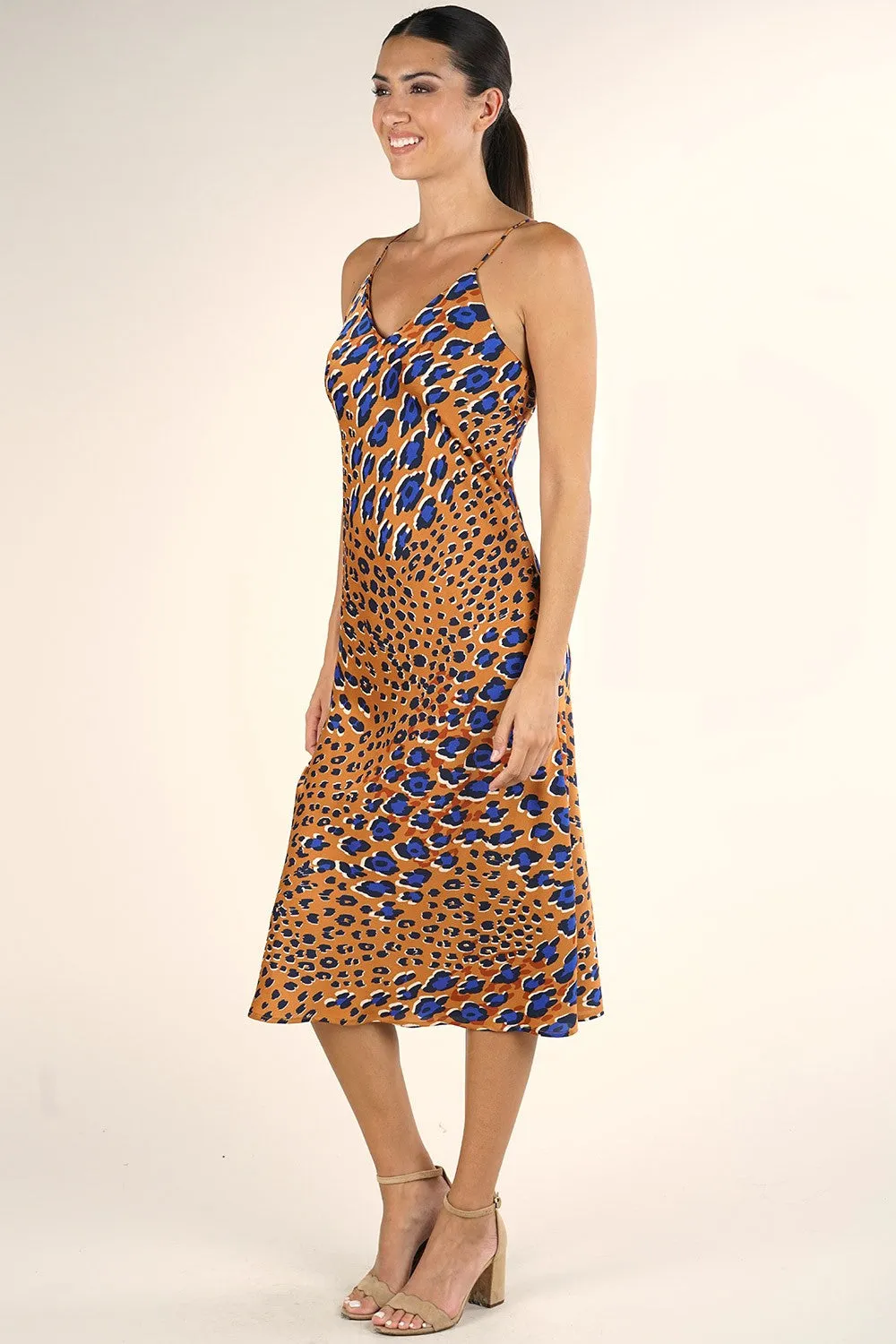 Animal Print Spaghetti Strap Cross Back Midi Dress