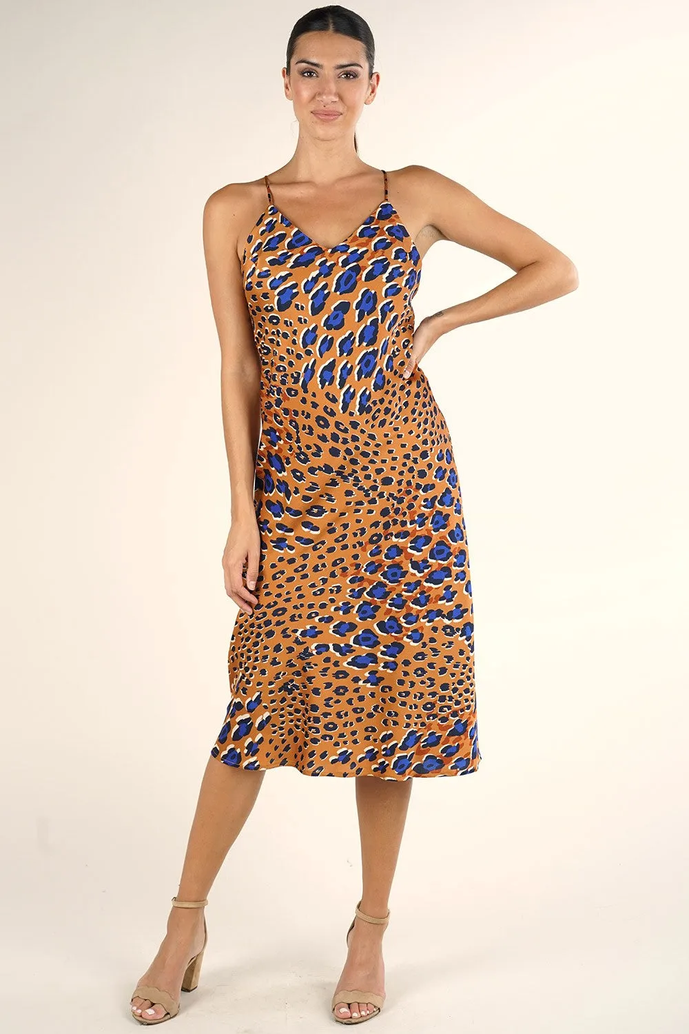 Animal Print Spaghetti Strap Cross Back Midi Dress
