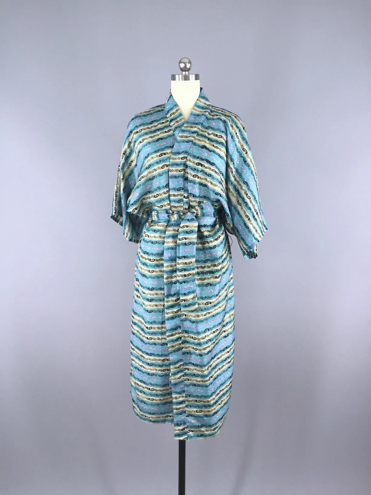 Aqua Paisley Striped Robe made from a Vintage Indian Silk Sari
