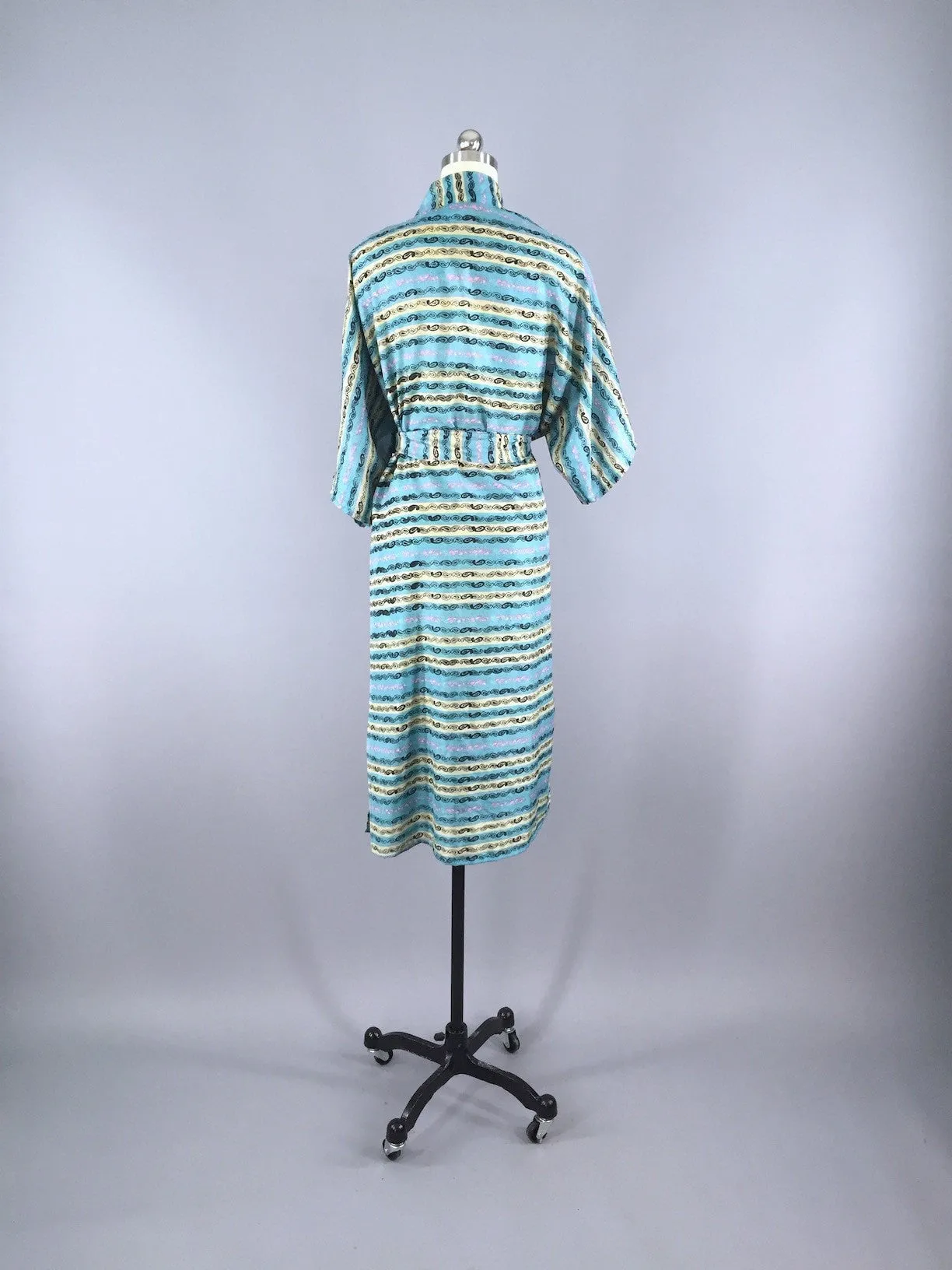 Aqua Paisley Striped Robe made from a Vintage Indian Silk Sari