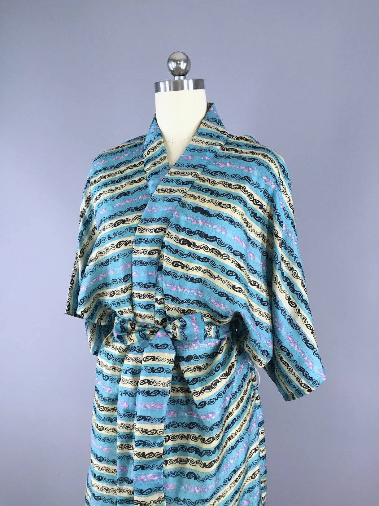 Aqua Paisley Striped Robe made from a Vintage Indian Silk Sari