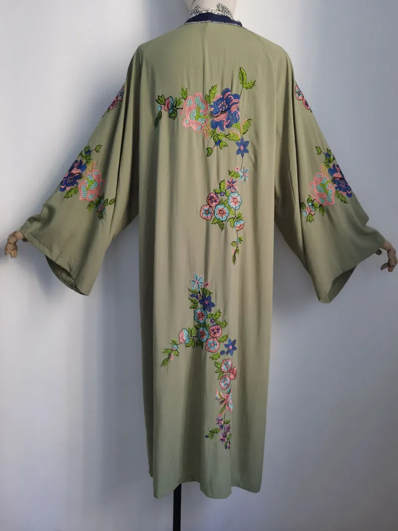 Army Green Boho Embroidered Kimono Beautiful Olive Floral Embroidery Bohemian Beach Cover Up Maxi Length Look Amazing One Size Fits Most