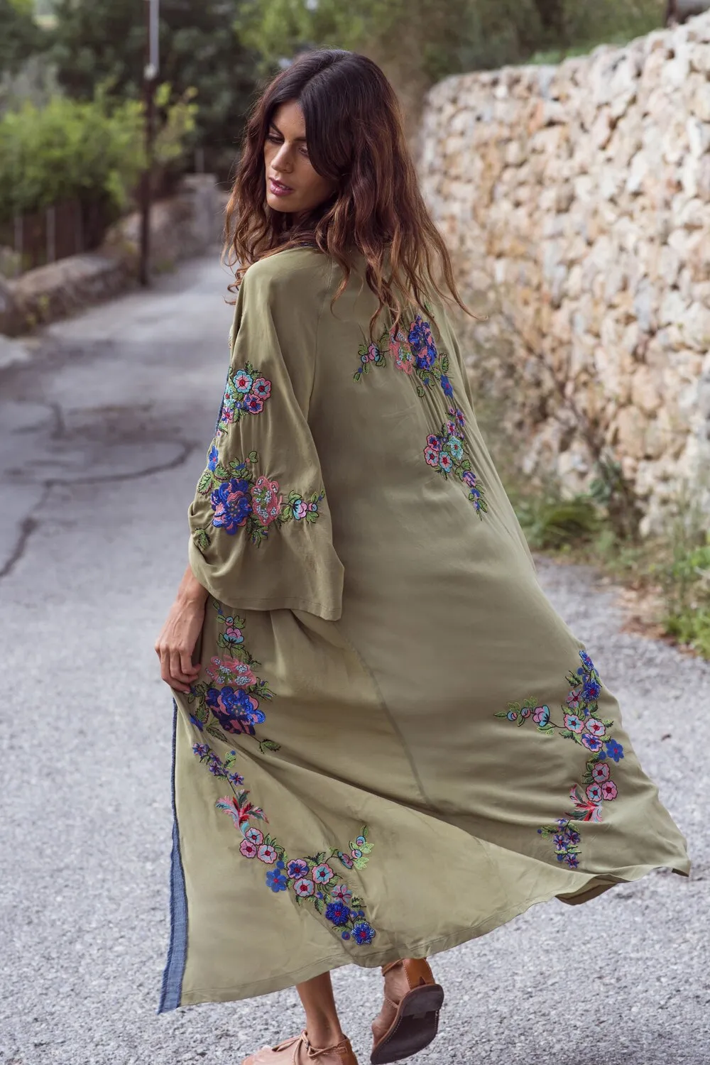 Army Green Boho Embroidered Kimono Beautiful Olive Floral Embroidery Bohemian Beach Cover Up Maxi Length Look Amazing One Size Fits Most