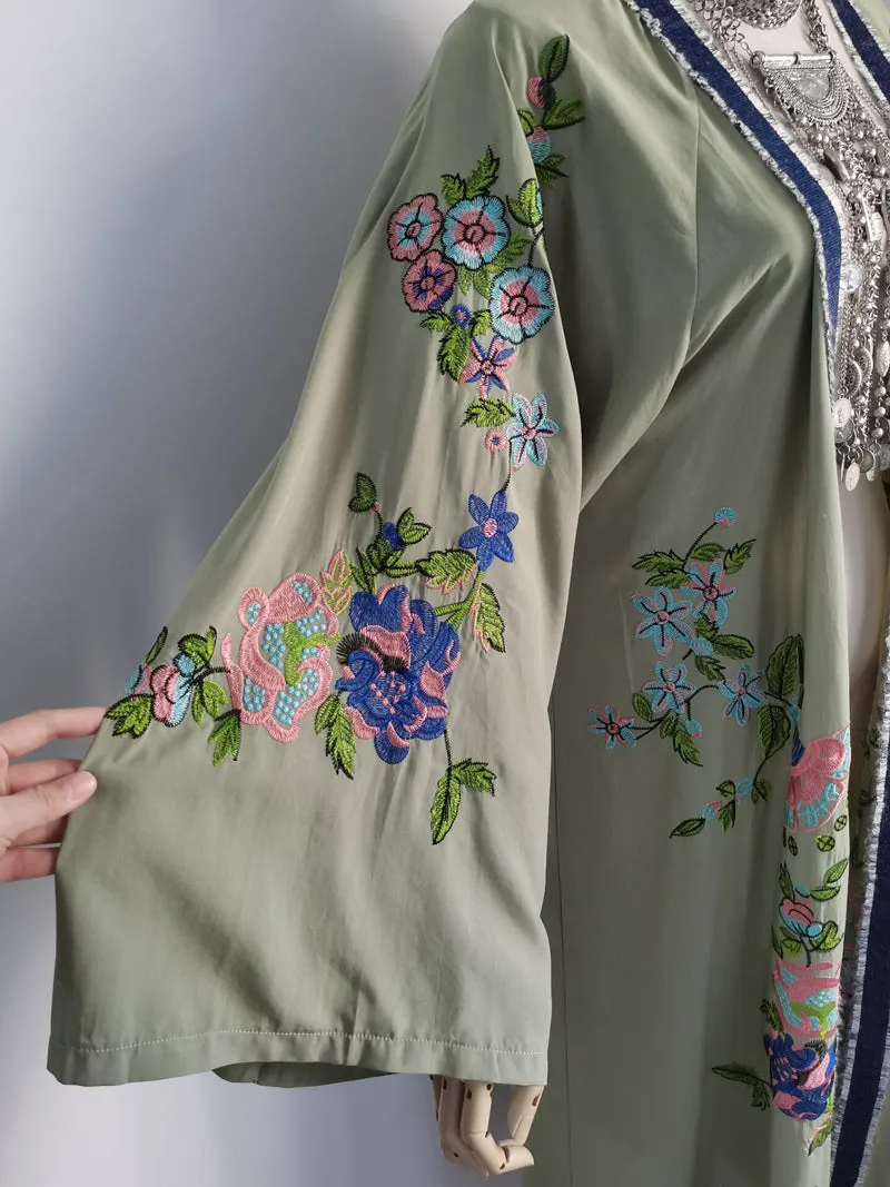 Army Green Boho Embroidered Kimono Beautiful Olive Floral Embroidery Bohemian Beach Cover Up Maxi Length Look Amazing One Size Fits Most