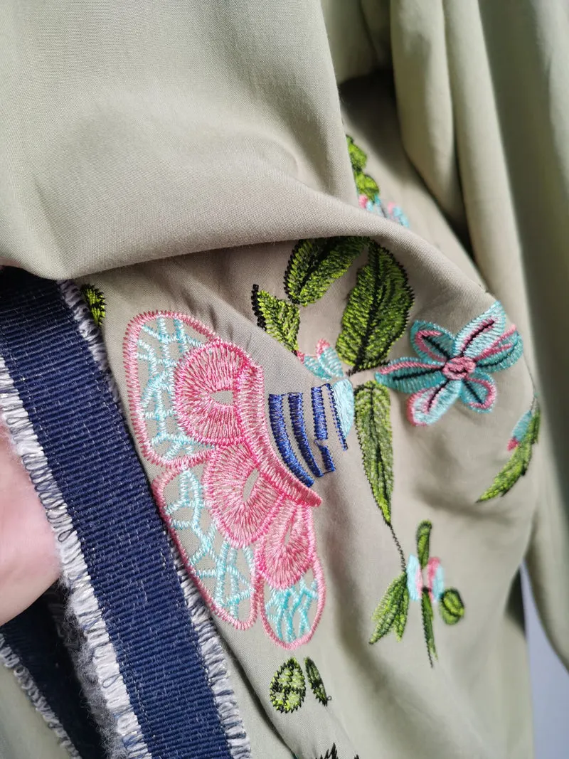 Army Green Boho Embroidered Kimono Beautiful Olive Floral Embroidery Bohemian Beach Cover Up Maxi Length Look Amazing One Size Fits Most