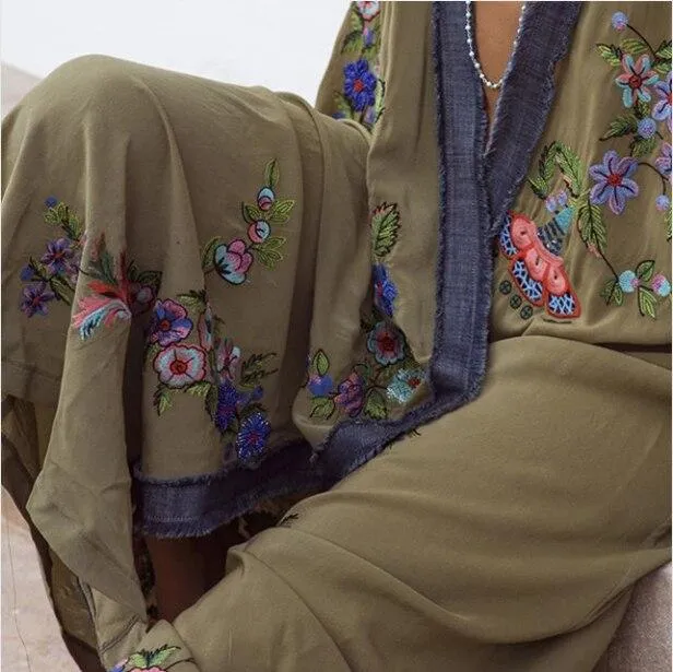 Army Green Boho Embroidered Kimono Beautiful Olive Floral Embroidery Bohemian Beach Cover Up Maxi Length Look Amazing One Size Fits Most