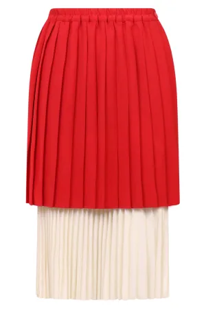 ASYMMETRIC PLEAT MIDI SKIRT | RED/CREAM