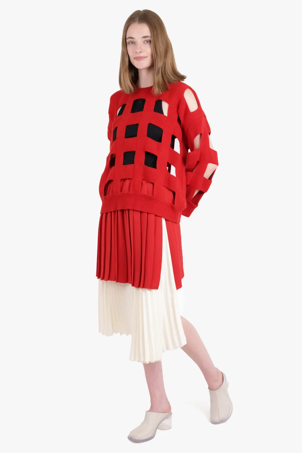 ASYMMETRIC PLEAT MIDI SKIRT | RED/CREAM