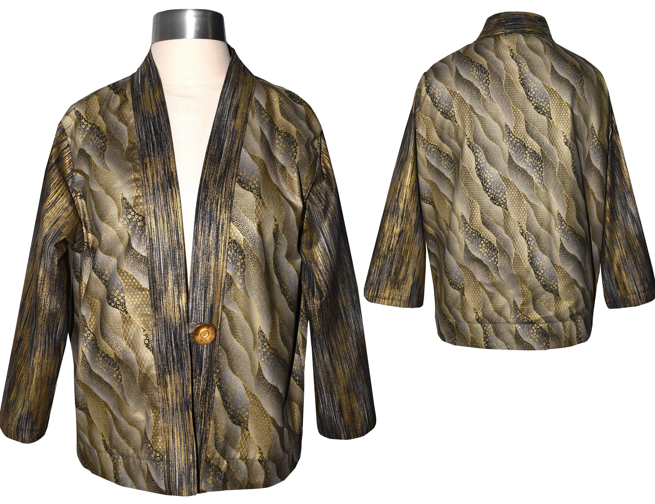 Attractive Gold Black Metallic Cotton Kimono Style Jacket with Gold Button