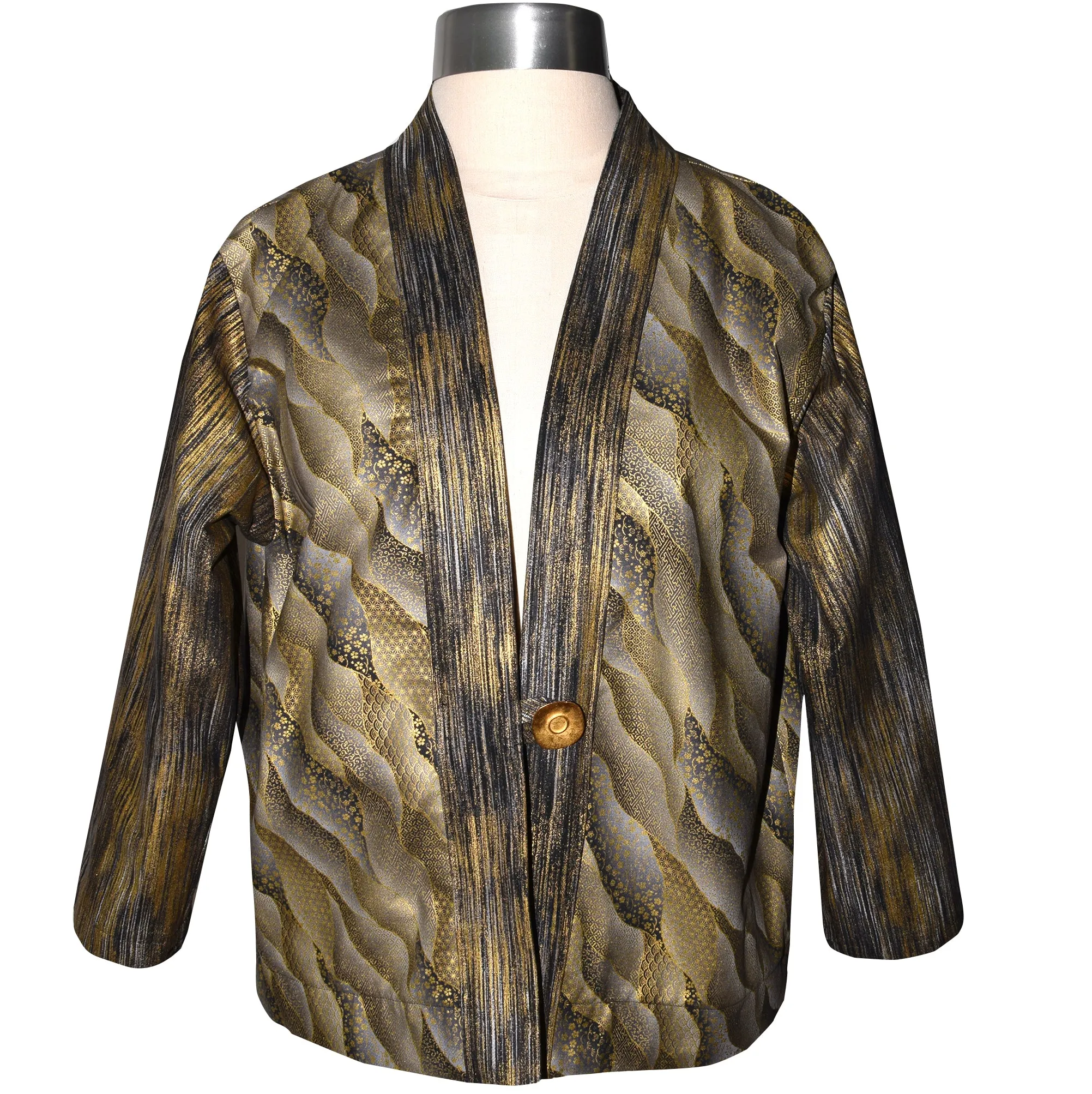 Attractive Gold Black Metallic Cotton Kimono Style Jacket with Gold Button
