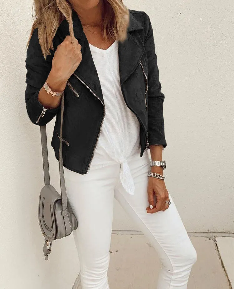 Autumn and Winter Women's Lapel Zip Short Jacket