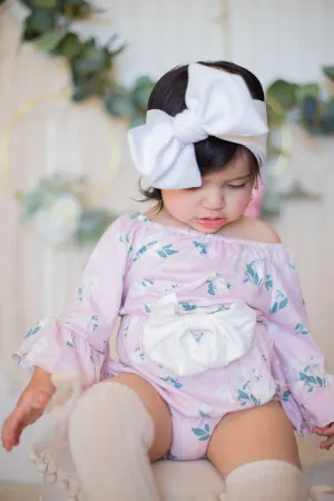 Baby Girls Off-Shoulder Pink Floral Belle Sleeves with White Bow Romper