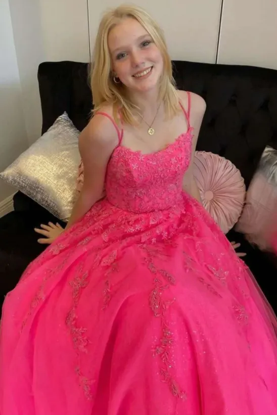 Ball Gown Criss-Cross Back Hot Pink Prom Dress