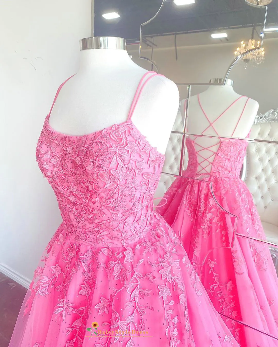 Ball Gown Criss-Cross Back Hot Pink Prom Dress