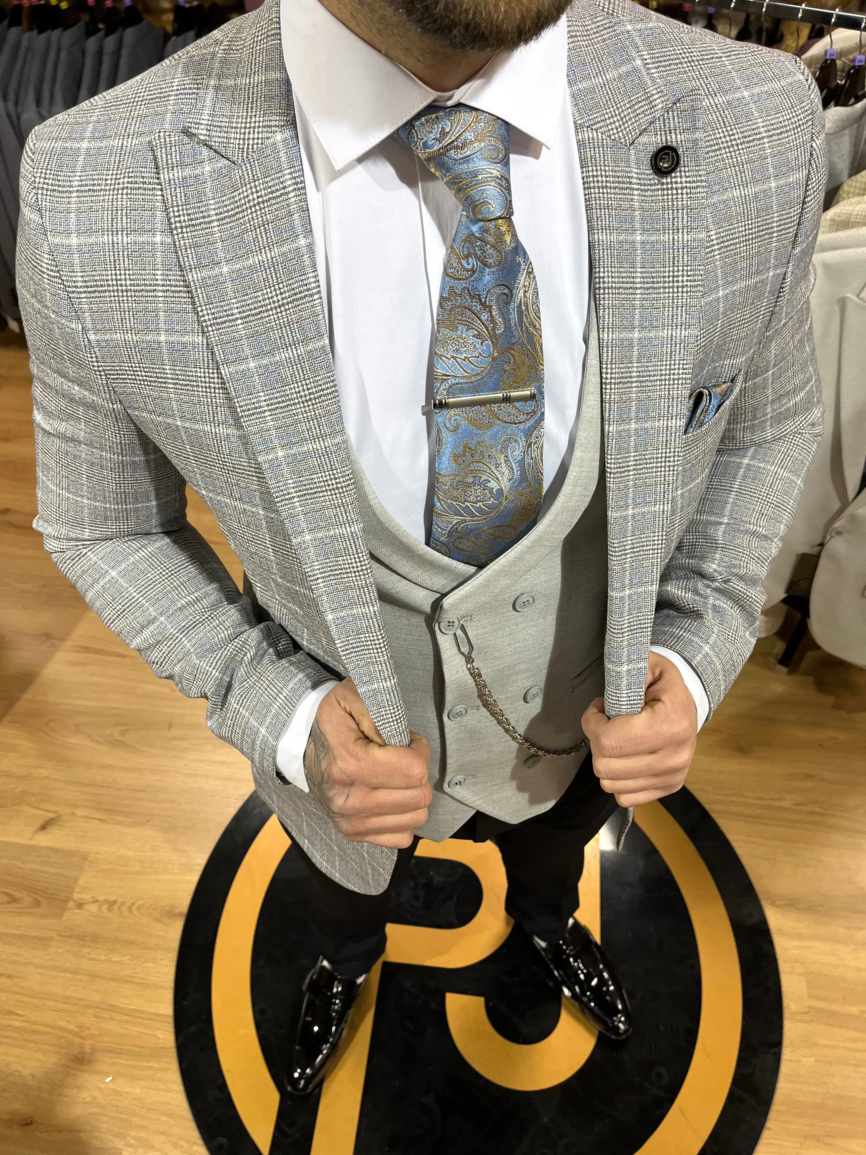Bari - Grey/Blue 3 Piece Suit