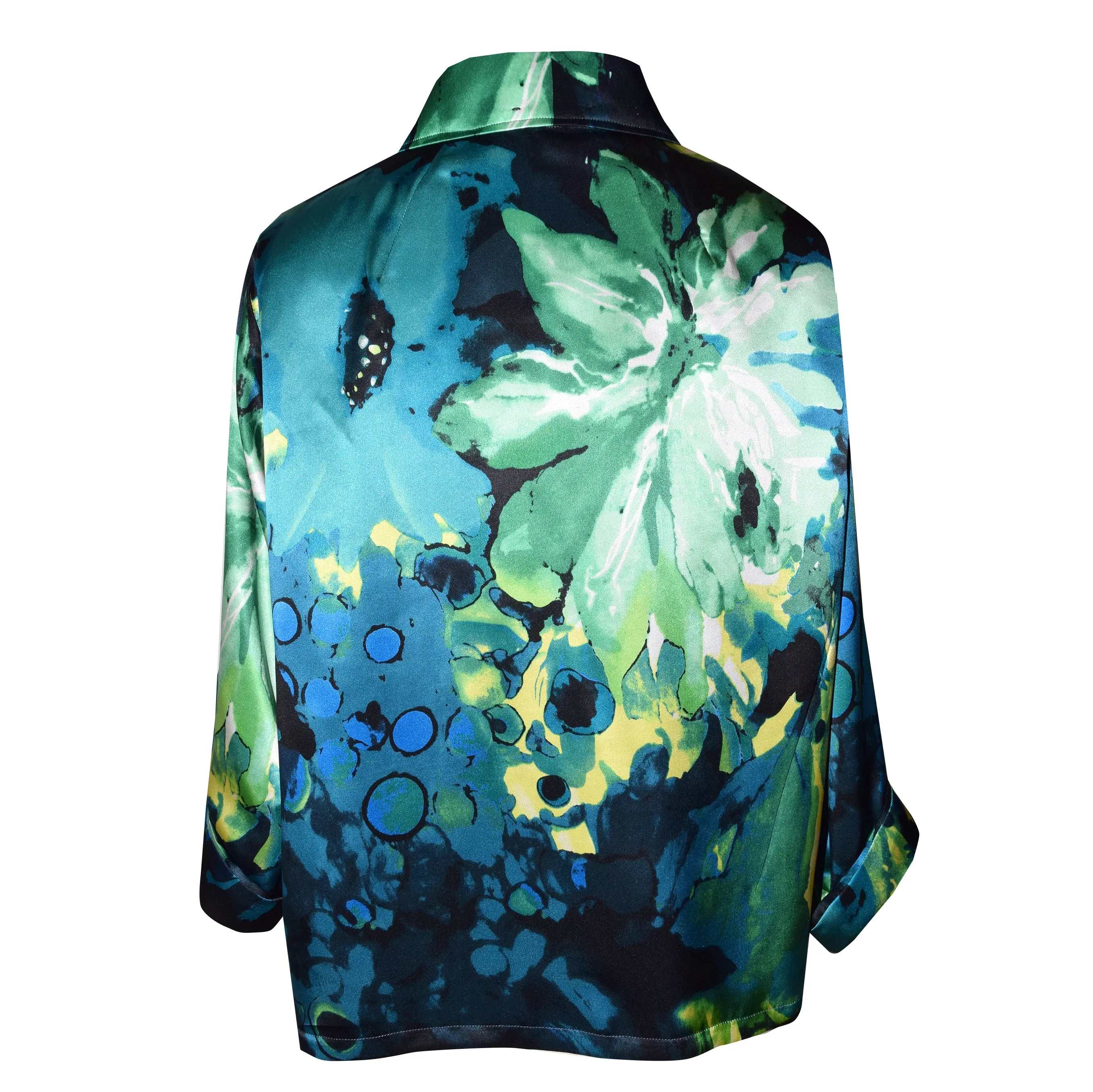 Beautiful Floral Fusion Printed Charmeuse Silk Kimono Jacket in Blue/Green/Yellow Print