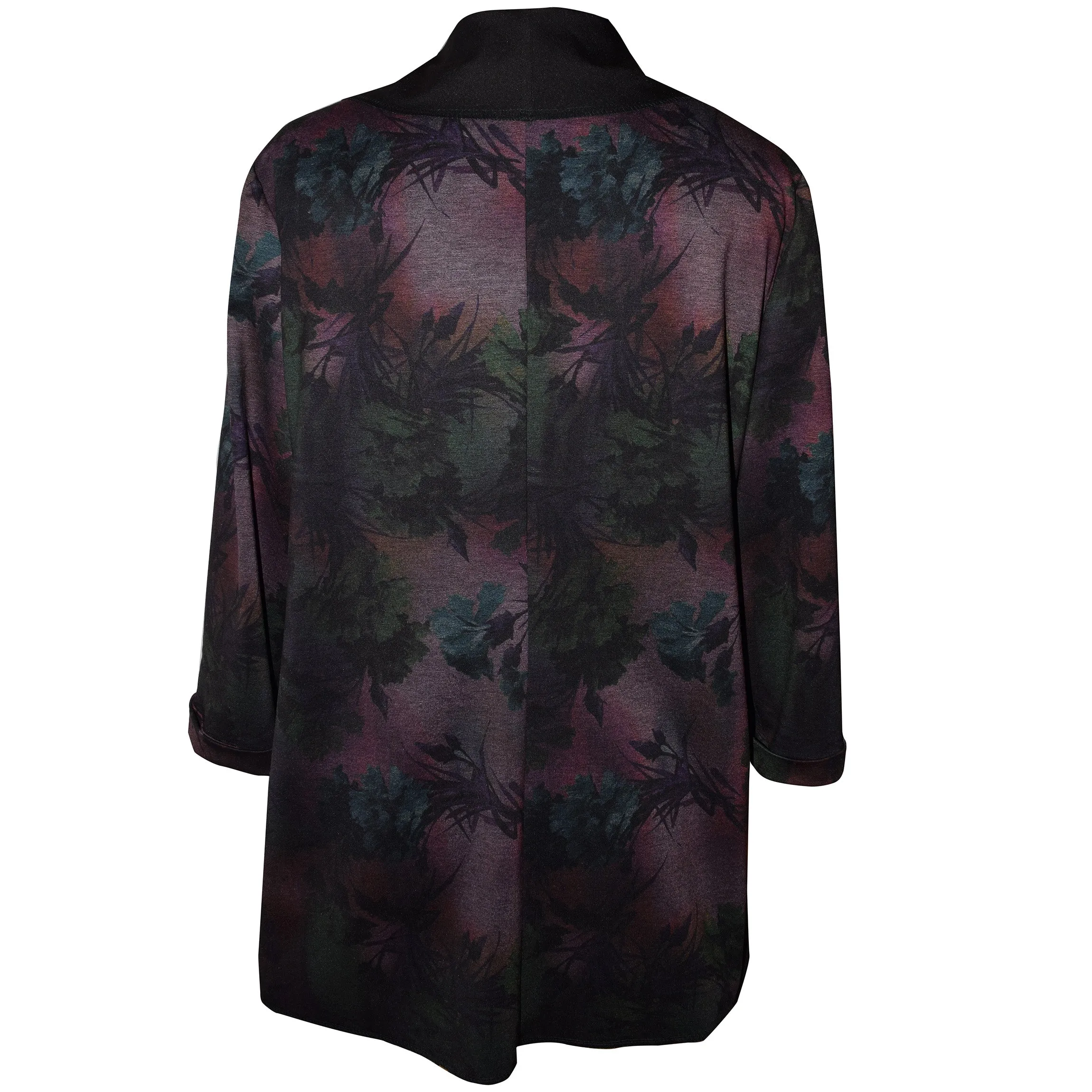 Beautiful Floral on Black Ponte Knit Wrap Jacket with Flap Collar