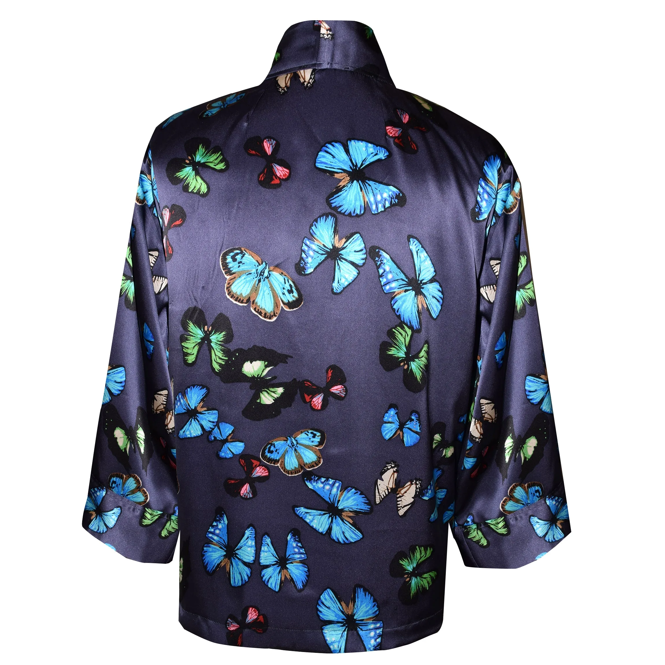 Beautiful Multicolor Butterfly Print on Black Silk Kimono Jacket
