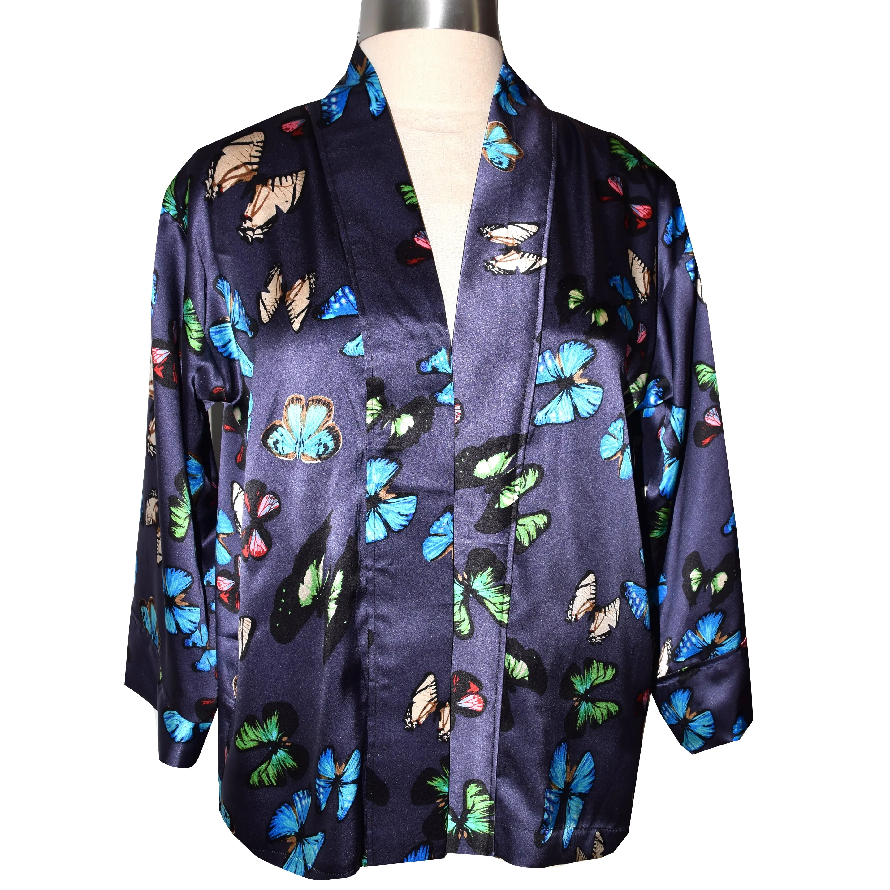 Beautiful Multicolor Butterfly Print on Black Silk Kimono Jacket