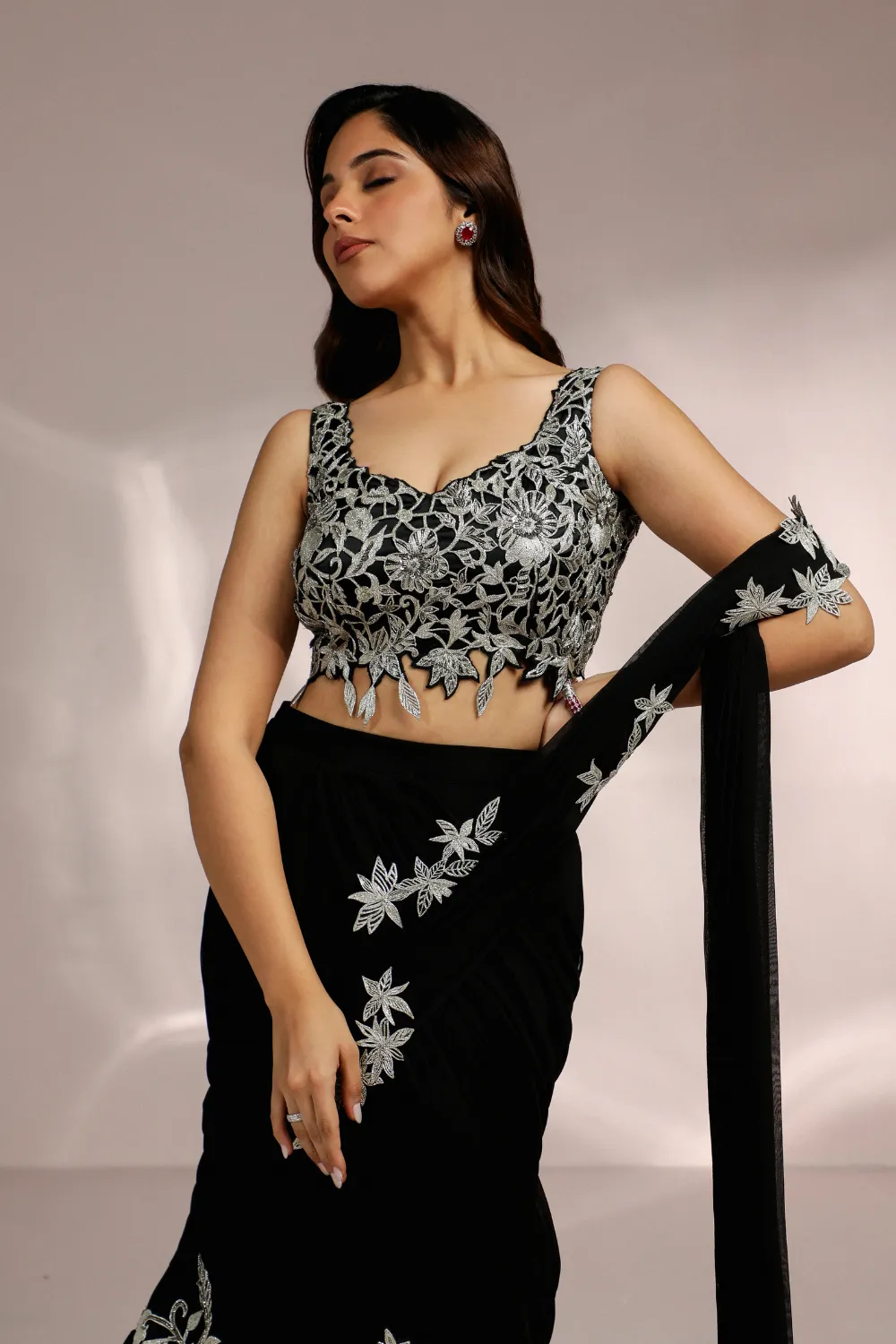 BLACK PLEATED DOUBLE LAYERED FISH CUT SAREE WITH CUTWORK BLOUSE