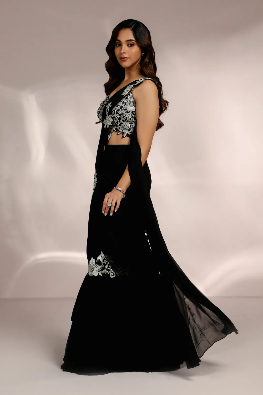 BLACK PLEATED DOUBLE LAYERED FISH CUT SAREE WITH CUTWORK BLOUSE