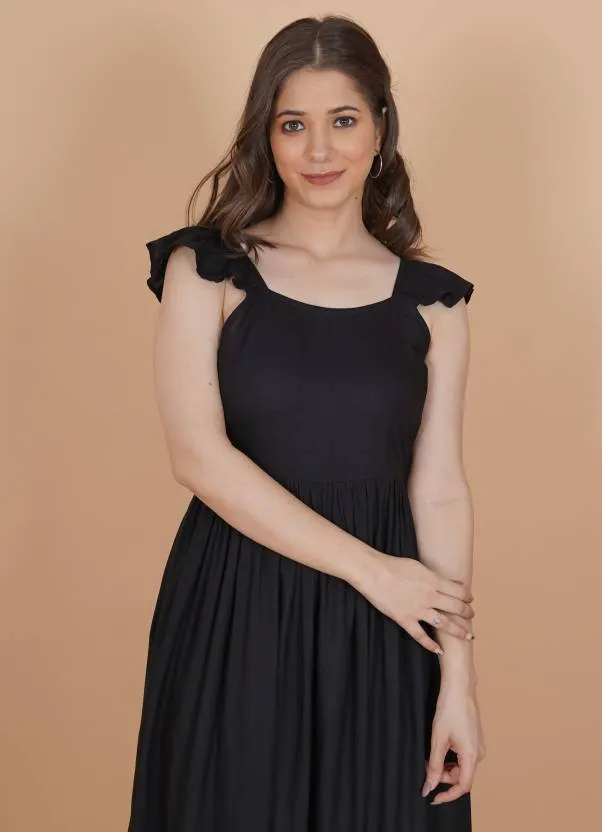 Black Solid Fit and Flare Midi Dress
