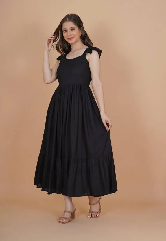 Black Solid Fit and Flare Midi Dress