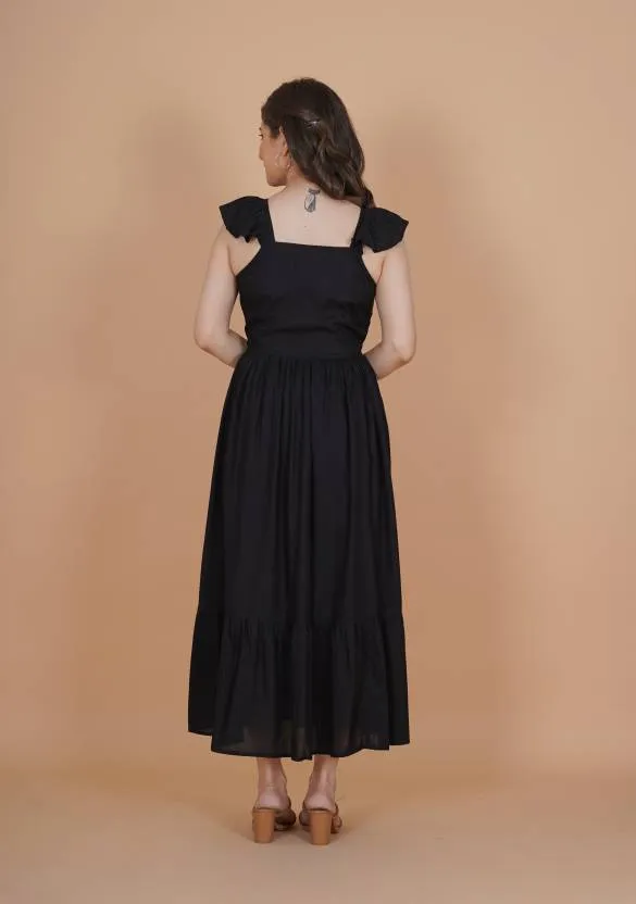 Black Solid Fit and Flare Midi Dress