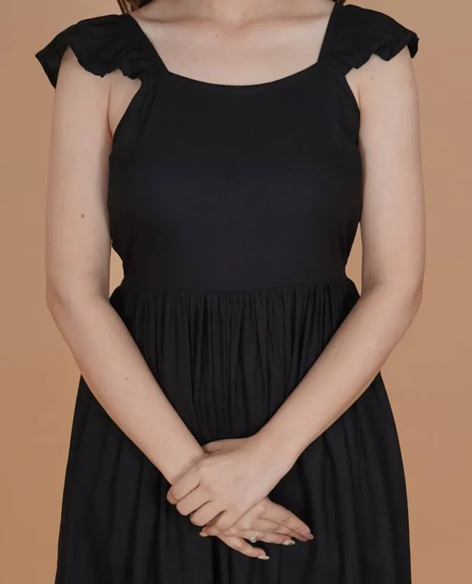 Black Solid Fit and Flare Midi Dress