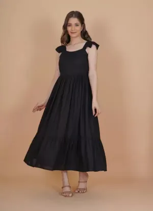 Black Solid Fit and Flare Midi Dress