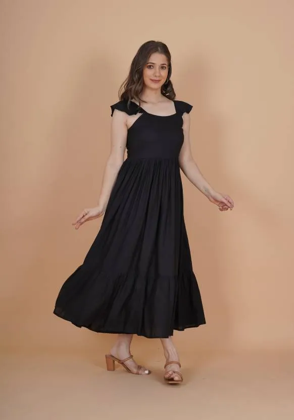 Black Solid Fit and Flare Midi Dress