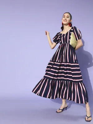 Blue & White Crepe Striped Maxi Dress