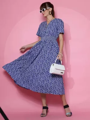 Blue Printed Fit and Flare Midi Dress