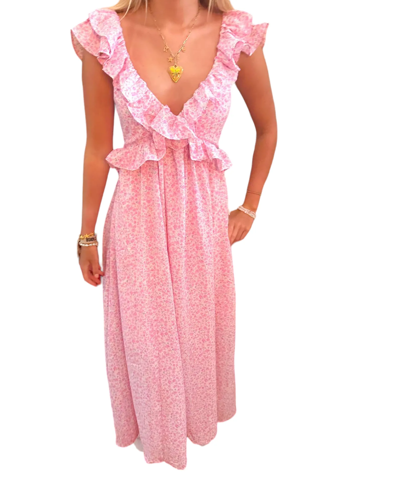 Blushing Blooms: Back-Tie Ruffle Maxi Dress