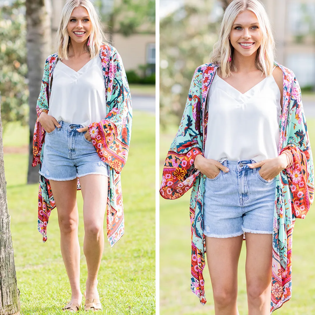 Boho Babe Mint Green Mixed Print Kimono