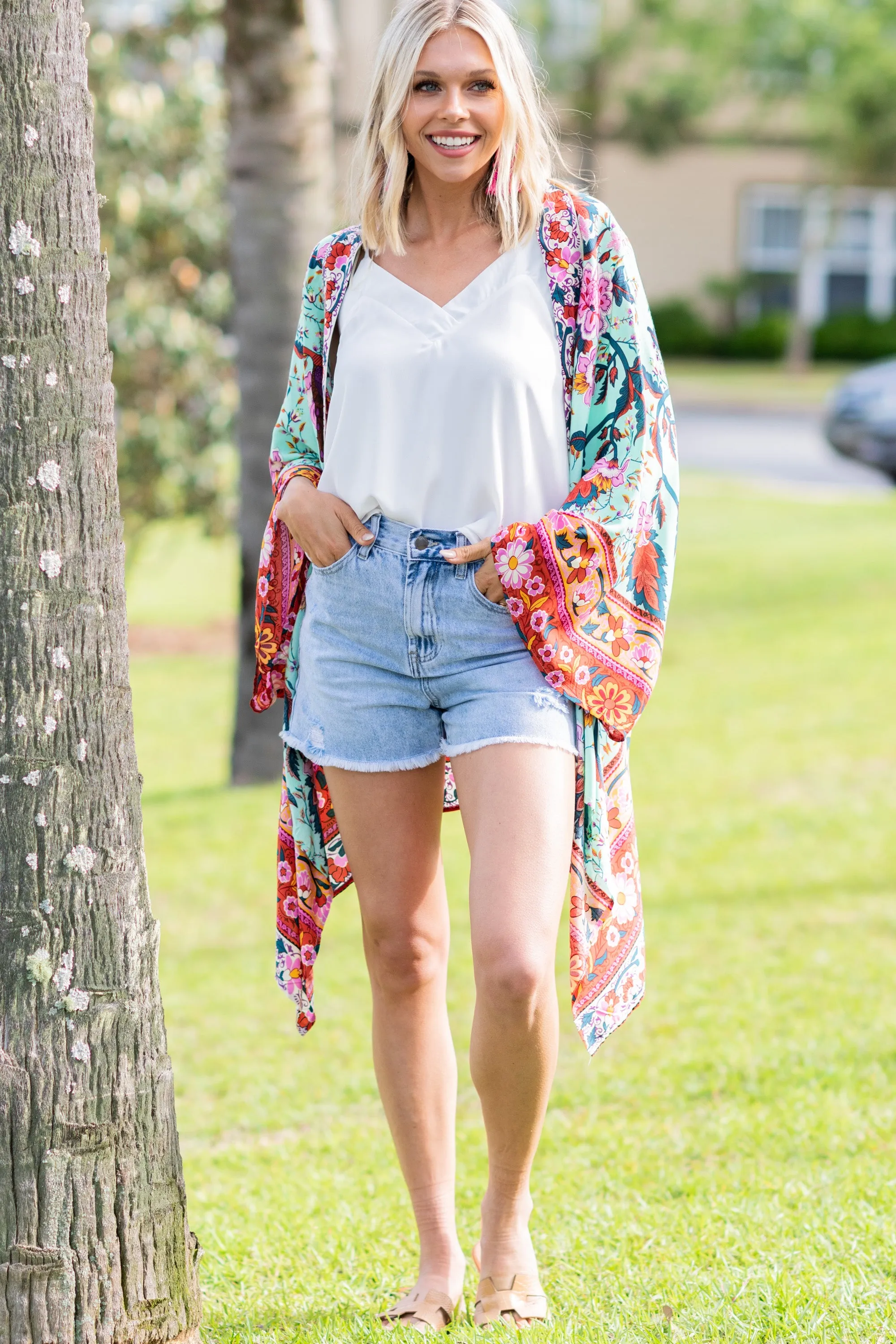 Boho Babe Mint Green Mixed Print Kimono