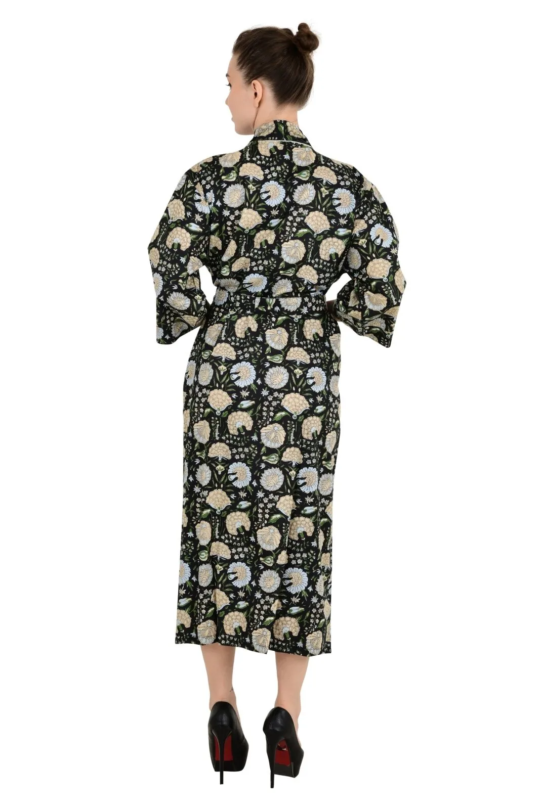 Boho Cotton Kimono House Robe Indian Handprinted Botanical Pattern | Lightweight Summer Luxury Beach Holidays Yacht Cover Up Stunning Dress