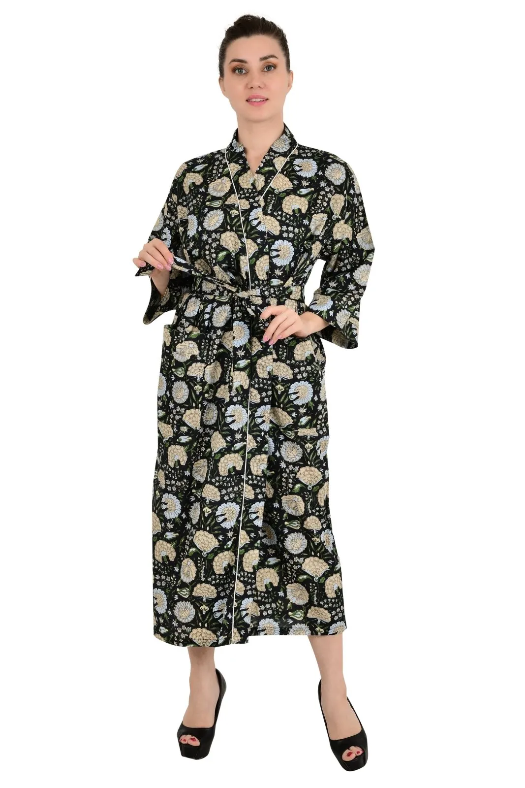 Boho Cotton Kimono House Robe Indian Handprinted Botanical Pattern | Lightweight Summer Luxury Beach Holidays Yacht Cover Up Stunning Dress