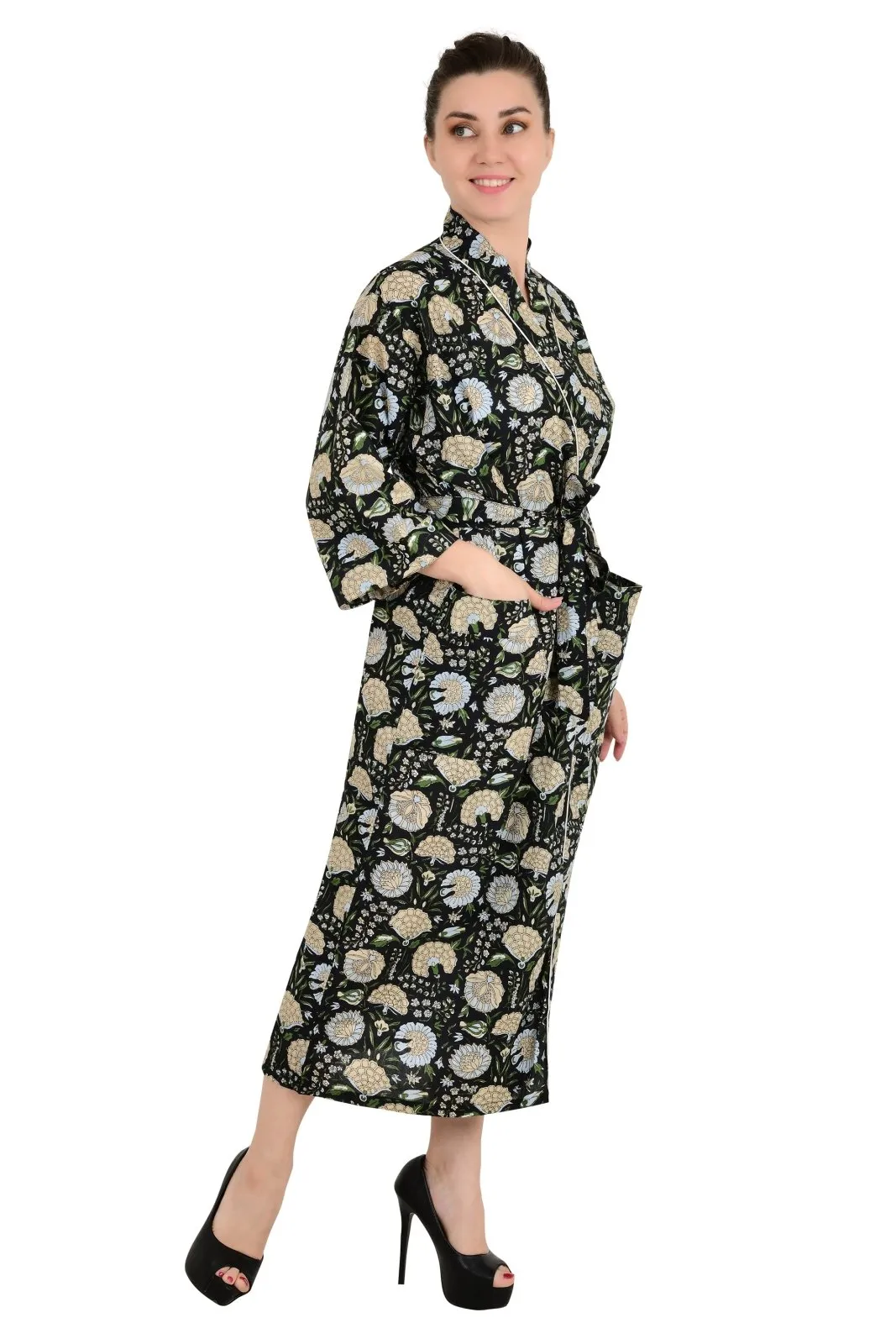 Boho Cotton Kimono House Robe Indian Handprinted Botanical Pattern | Lightweight Summer Luxury Beach Holidays Yacht Cover Up Stunning Dress