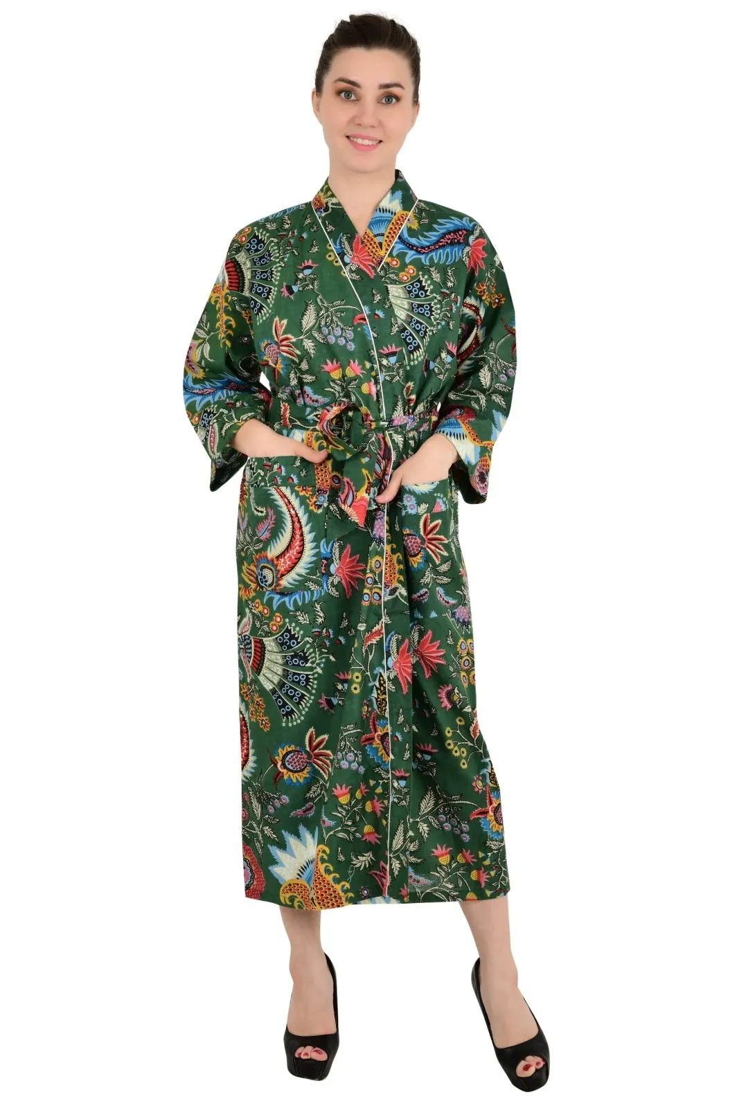 Boho Cotton Kimono House Robe Indian Handprinted Botanical Print Pattern | Lightweight Summer Luxury Beach Holidays Yacht Cover Up Stunning Dress
