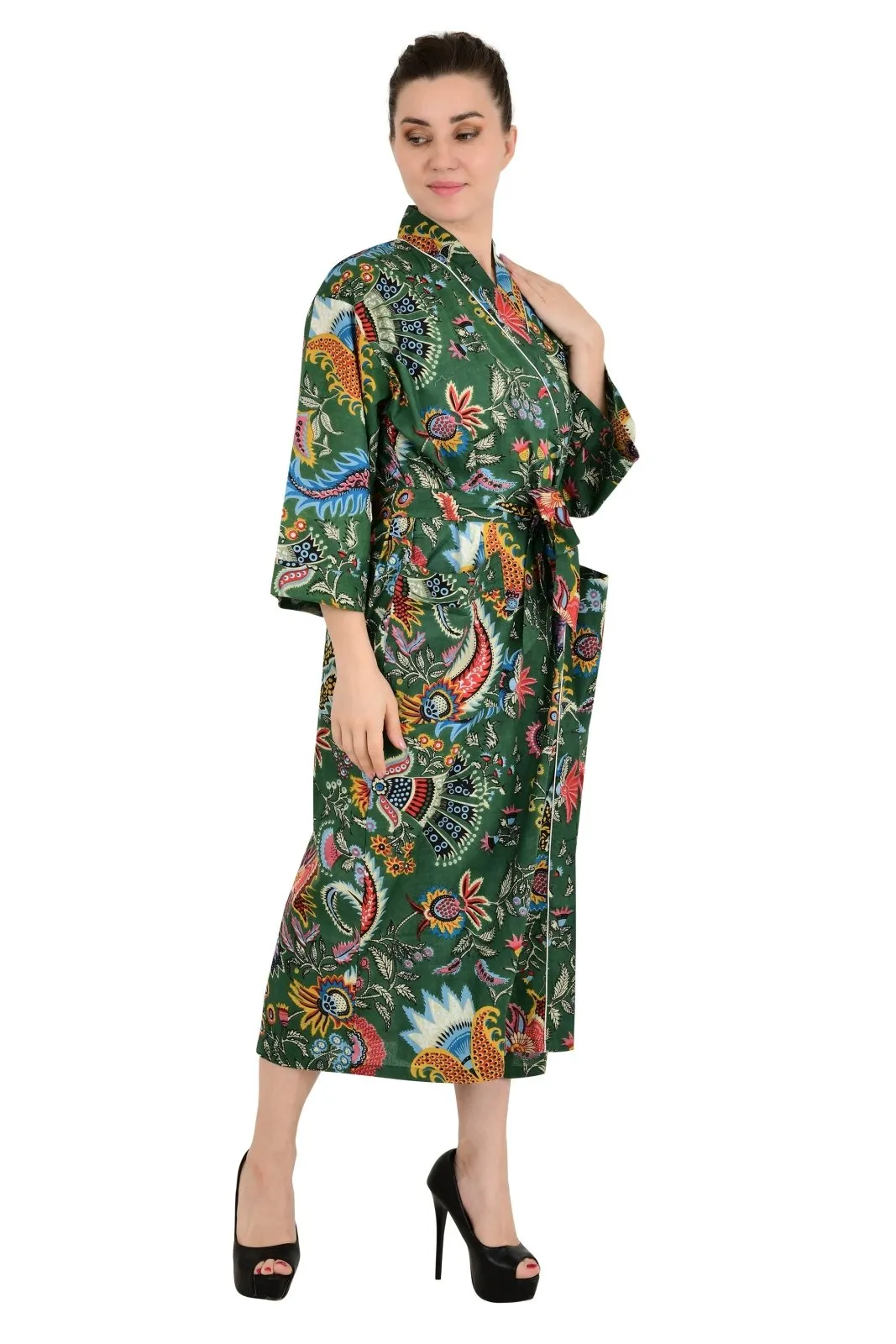 Boho Cotton Kimono House Robe Indian Handprinted Botanical Print Pattern | Lightweight Summer Luxury Beach Holidays Yacht Cover Up Stunning Dress