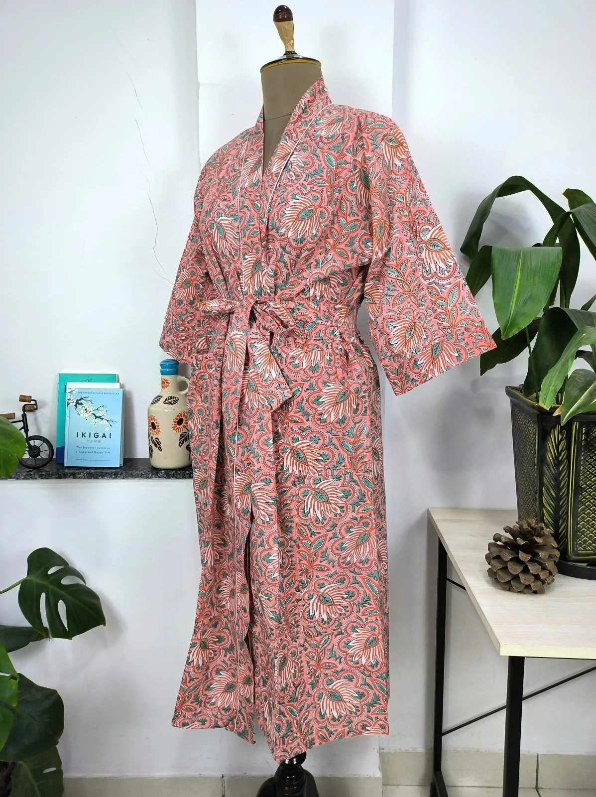 Boho Cotton Kimono House Robe Indian Handprinted Cherry Blossom Botanical | Lightweight Summer Luxury Beach Holiday Cover Up Stunning Dress