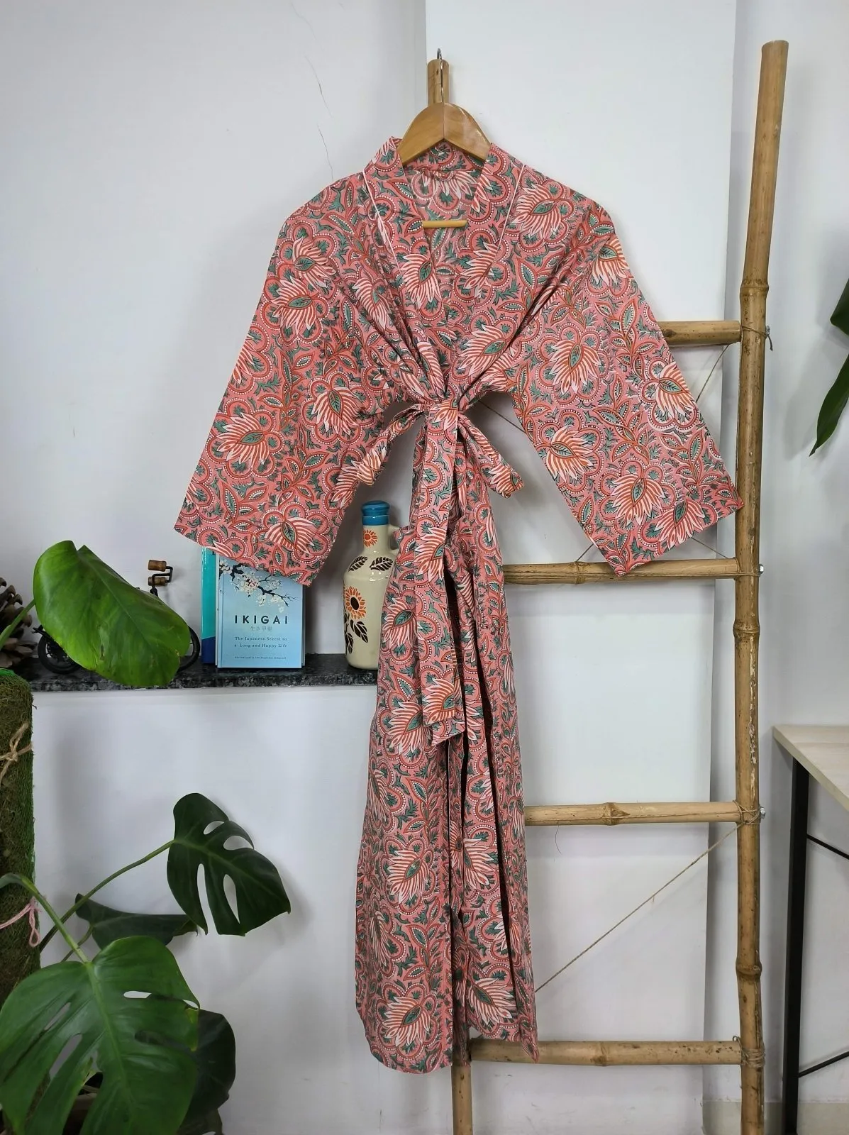 Boho Cotton Kimono House Robe Indian Handprinted Cherry Blossom Botanical | Lightweight Summer Luxury Beach Holiday Cover Up Stunning Dress