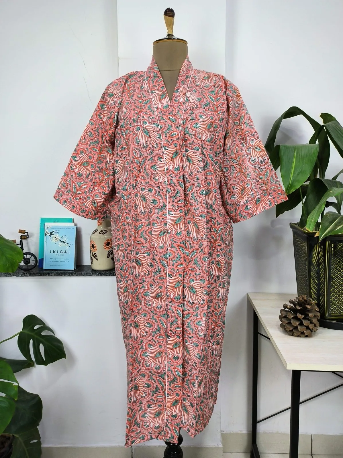 Boho Cotton Kimono House Robe Indian Handprinted Cherry Blossom Botanical | Lightweight Summer Luxury Beach Holiday Cover Up Stunning Dress