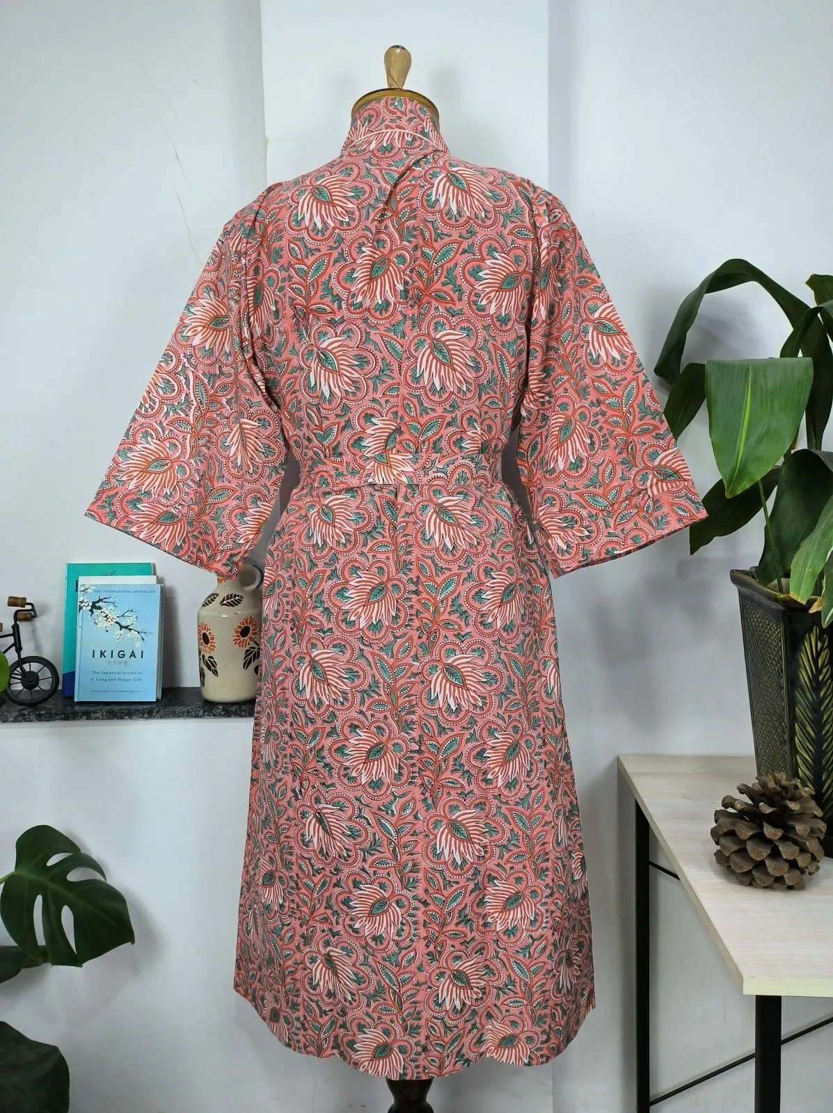 Boho Cotton Kimono House Robe Indian Handprinted Cherry Blossom Botanical | Lightweight Summer Luxury Beach Holiday Cover Up Stunning Dress