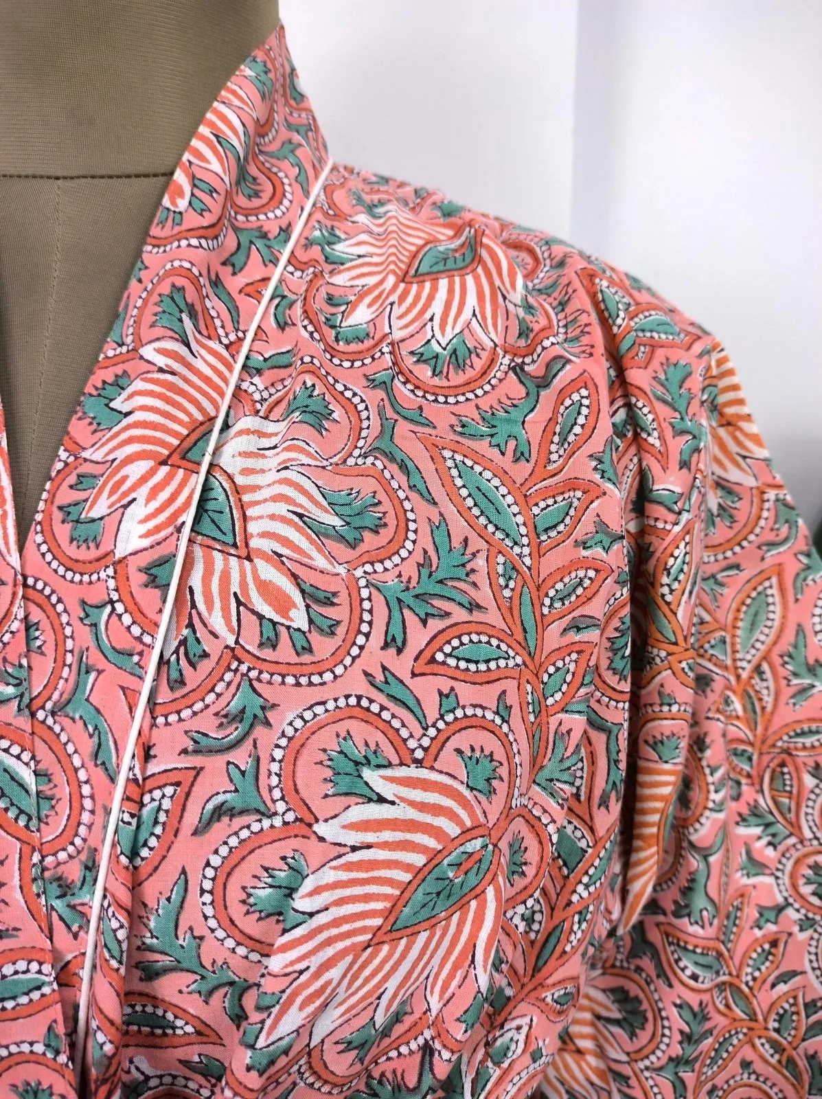 Boho Cotton Kimono House Robe Indian Handprinted Cherry Blossom Botanical | Lightweight Summer Luxury Beach Holiday Cover Up Stunning Dress