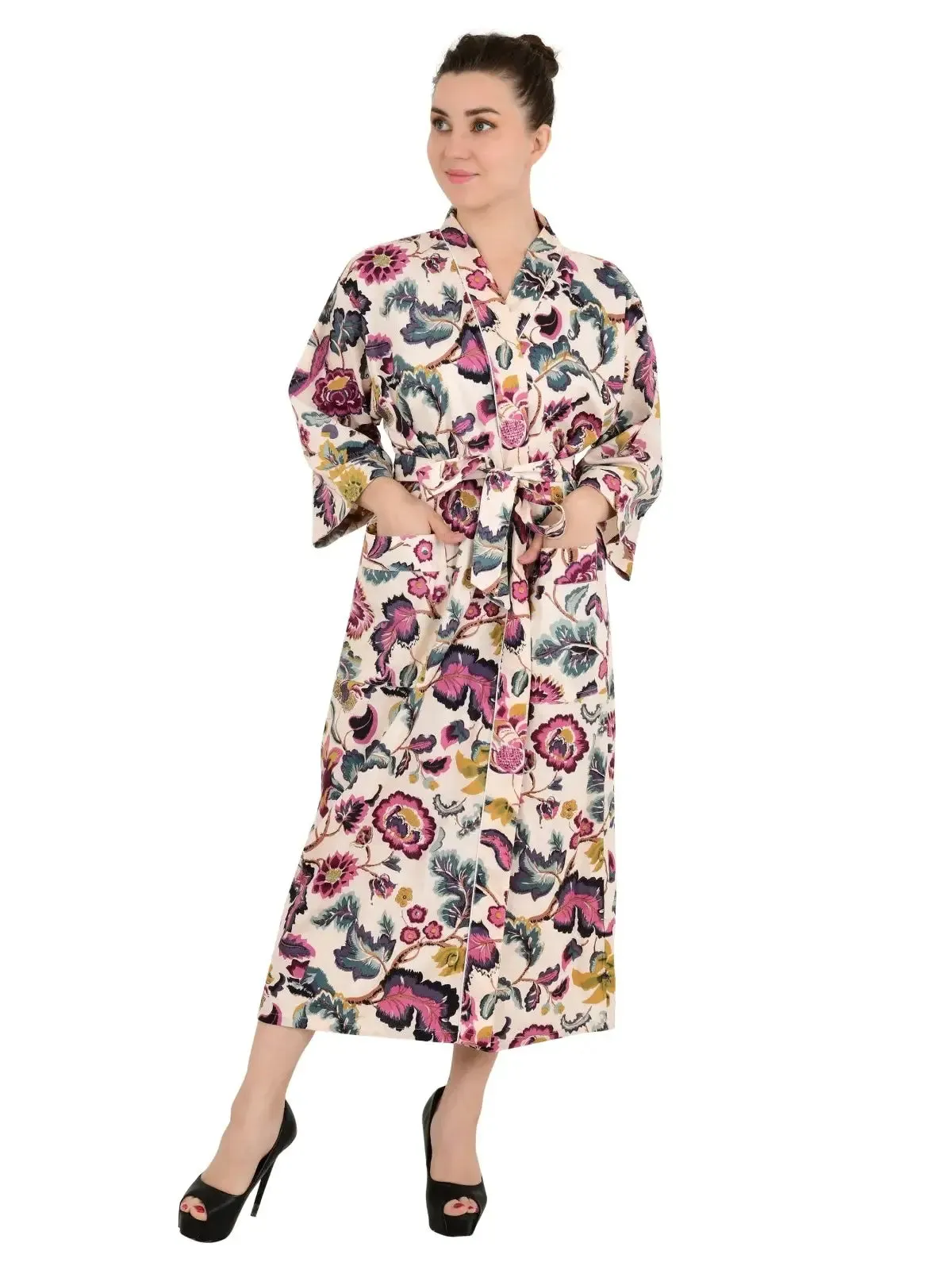 Boho Cotton Kimono House Robe Indian Handprinted Floral Print | Lightweight Summer Luxury Beach Holidays Yacht Cover Up Stunning Dress