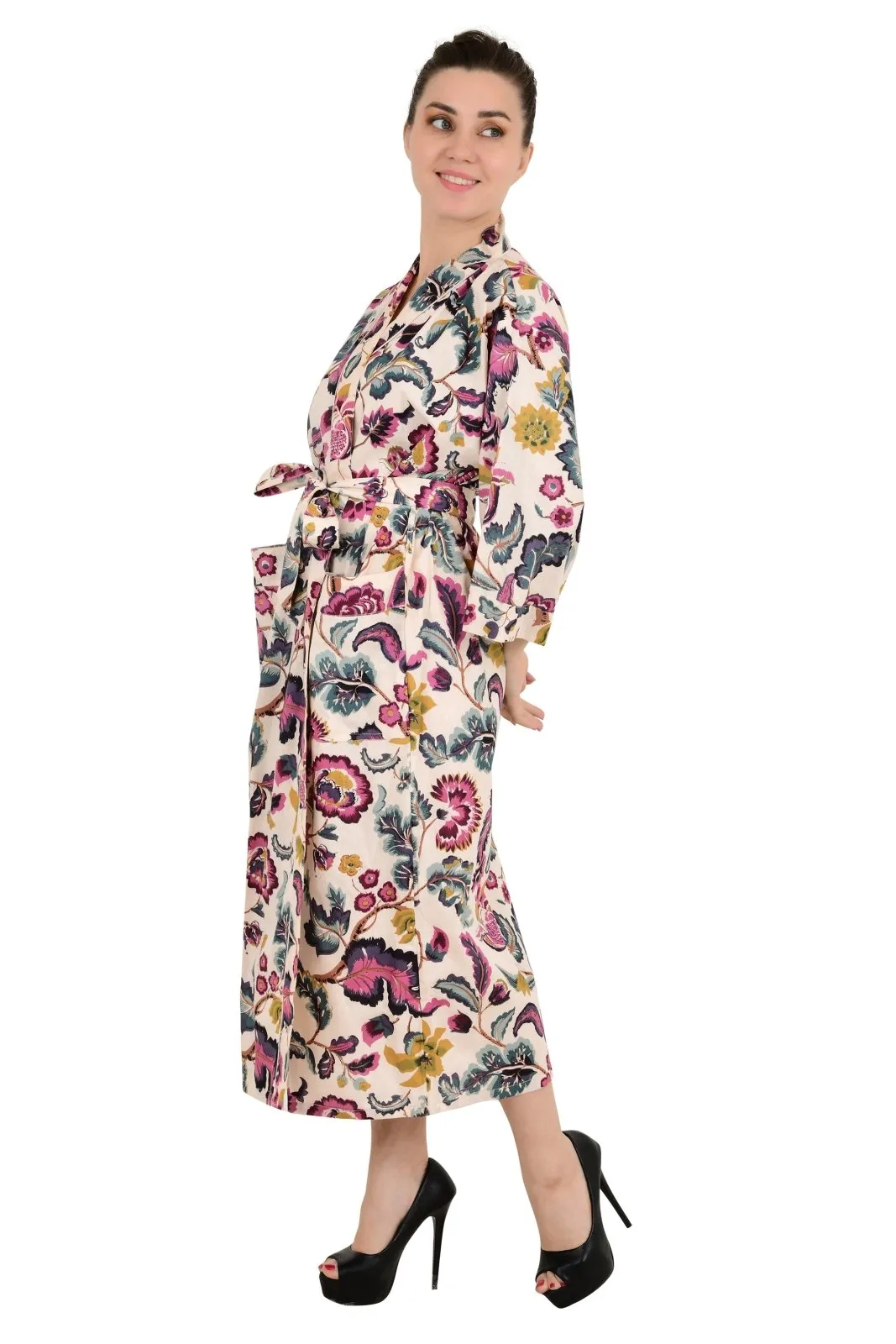 Boho Cotton Kimono House Robe Indian Handprinted Floral Print | Lightweight Summer Luxury Beach Holidays Yacht Cover Up Stunning Dress