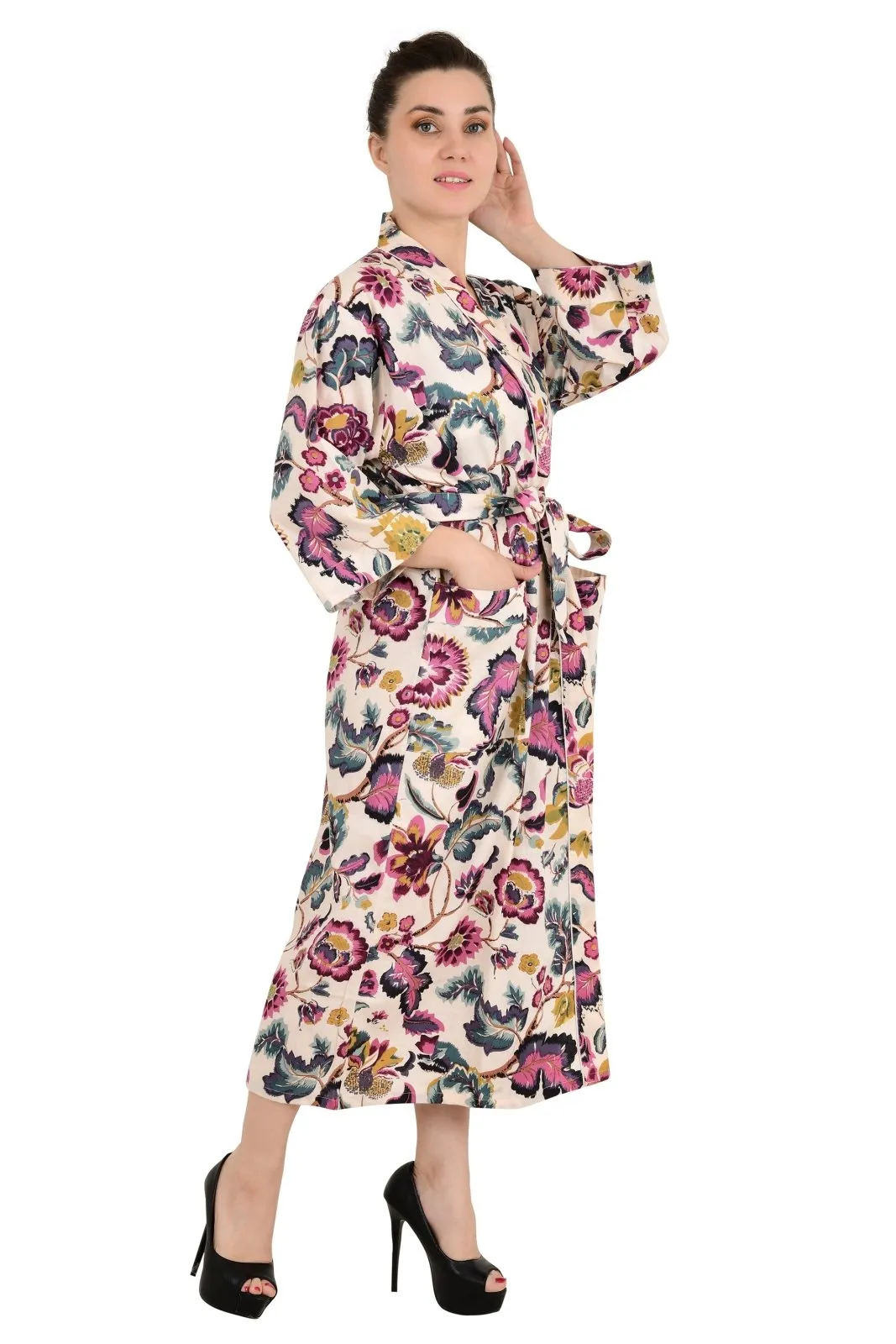 Boho Cotton Kimono House Robe Indian Handprinted Floral Print | Lightweight Summer Luxury Beach Holidays Yacht Cover Up Stunning Dress